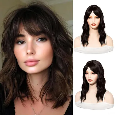 Image de Postiche synthétique de 35 cm avec frange et boucles, couleur marron foncé