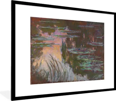 Produktbild von MuchoWow® Gerahmtes Poster Seerosen, untergehende Sonne - Gemälde von Claude Monet 80x60 cm - Poster mit Schwarzem Bilderrahmen Wandposter Rahmen Foto Bilder - Schlafzimmer-Dekorationen - Fotoposter