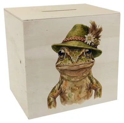 Produktbild von Grasfrosch mit alpenländischem Trachtenhut Spardose aus Holz