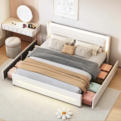 Image de AIORBER Lit rembourré, 180x200cm, avec éclairage LED, avec quatre compartiments de rangement, tissu en lin, tête de lit rembourrée, lit double, avec sommier à lattes, Beige