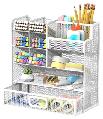 Immagine prodotto di Portapenne a rete, organizer da scrivania con cassetto, bianco, portapenne multifunzionale per l'ufficio, design creativo