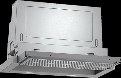 A close-up, angled view of a stainless steel range hood.
