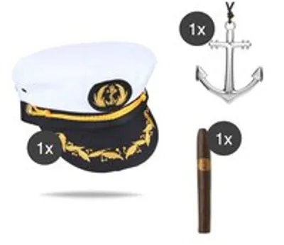 Productafbeelding van Kostuumset: Kapitein. Inclusief: kapiteinsmuts. Geschikt voor: zeeman, carnaval, vastenavond. Verkrijgbaar voor heren en dames