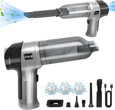 Two handheld vacuum cleaners are shown, one above the other, with accessories displayed below.