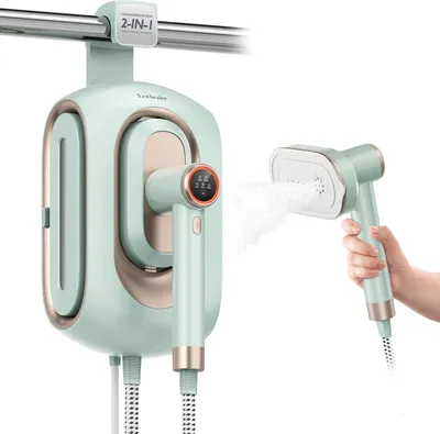 Produktbild von Dampfbügelstation 1600W, 3 Dampfstufen, 30s Aufheizen, 1,2L Wassertank, Platzsparend mit Wandmontage, Trocken- & Dampfbügeln für Kleidung