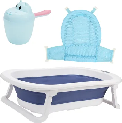 Produktbild von Fiqops Baby Badewanne Babywanne Kinder Faltbare klappbar Baden Sicher 3 in 1 0-6 Jahre mit Standfüßen Tragbare mit Sicherheitsnetz Thermometer Shampoobecher Blau