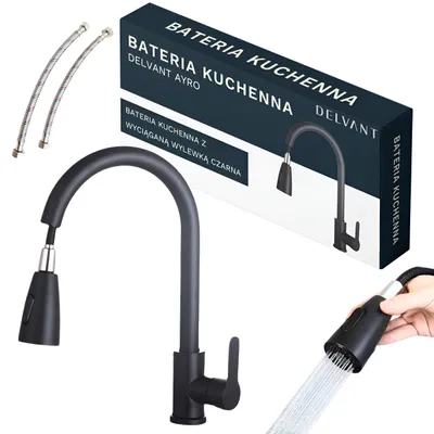 A black kitchen faucet with a pull-out spray head, along with its packaging and accessories, presented on a white background.