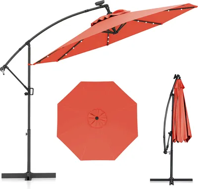 Produktbild von COSTWAY Sonnenschirm φ300cm, Ampelschirm mit 32 Solar-LEDs & Kurbel, Neigungswinkel verstellbar, Gartenschirm Marktschirm Terrassenschirm Orange