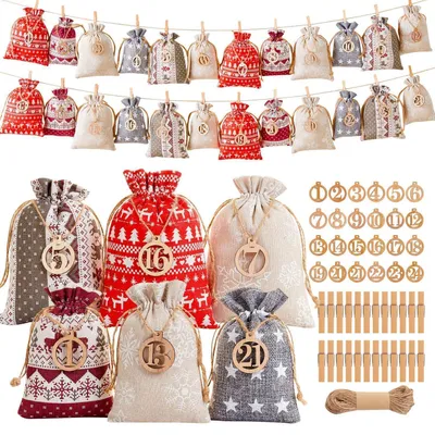 Obrázek produktu pro Adventní kalendář, červený, k naplnění. 24 látkových sáčků s čísly. Vlastní výroba vánoční dekorace. Velká velikost