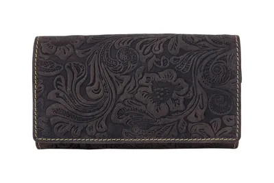Produktbild von LEAS Damenlangbörse mit Floralen-Muster geprägt Echt-Leder, dunkelbraun Vintage-Collection