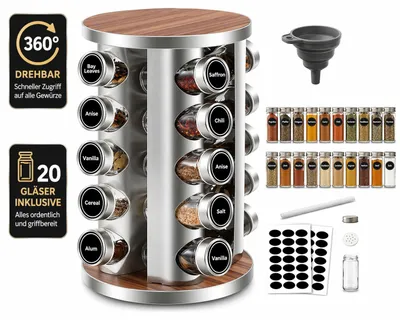 Produktbild von Gewürzkarussell mit 20 Gläsern – Drehbares Gewürzregal aus Edelstahl, Küchen Organizer, Gewürzständer 360°