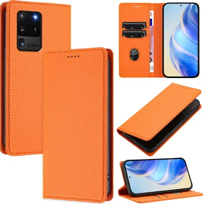 A collage of images showcasing an orange leather phone case for a Samsung Galaxy S20 Ultra.