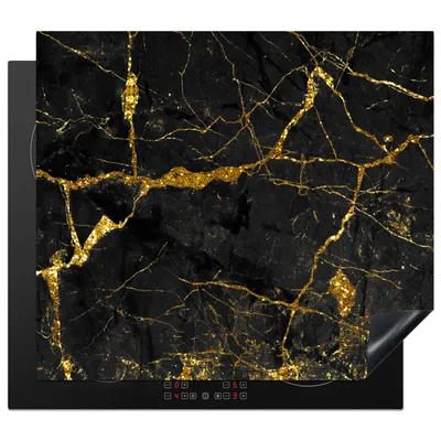 Obrázok produktu pre KitchenYeah® Kryt varnej dosky mramor - zlatý - čierny - mramorový vzhľad - luxusný - trblietavý, 60x52cm, kuchynská dekorácia, keramický kryt varnej dosky, krycia doska na varnú dosku