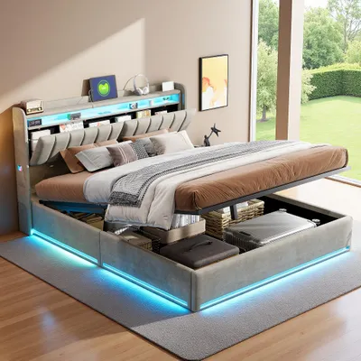 Obrázek produktu pro Postel INONEFT, čalouněná, 160x200 cm, moderní dvoulůžko s LED osvětlením a USB porty, hydraulická postel s úložným prostorem a rošt, sametová šedá barva, bez matrace