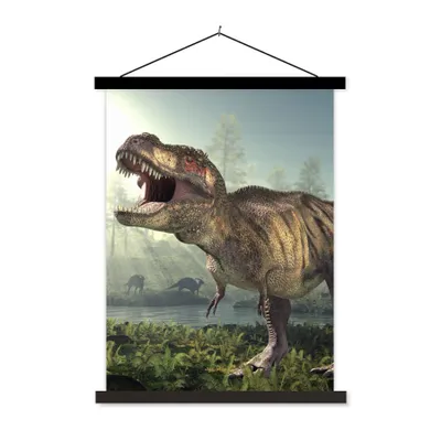 Produktbild von MuchoWow® Textilposter Dino - Gras - Zeichnung - Kinder - Jungen 90x120 cm mit schwarzem Rahmen - Dekoration