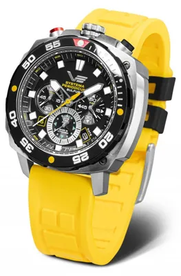 Produktbild von Vostok Europe Systema Periodicum Sulfur Chronograph Herrenuhr inkl.2 Armbänder Schwarz/Gelb Leder/Silikon - VK67-650E725