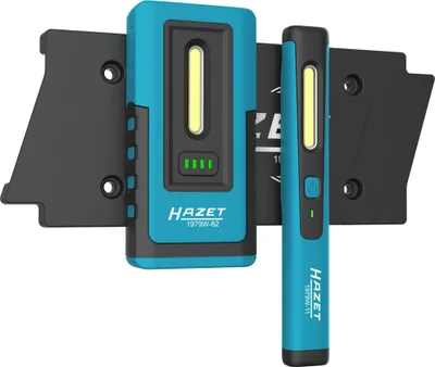 Two blue and black inspection lights are mounted on a black bracket.