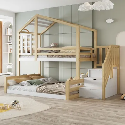Immagine prodotto di Letto a castello per bambini, dimensioni 90x200 cm e 140x200 cm, con spazio contenitore e scaletta
