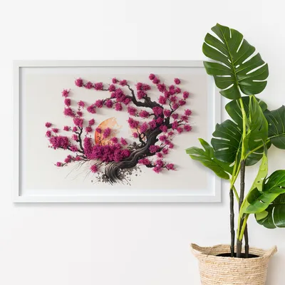 Produktbild von Moosbild mit Konserviertem Moos 3D Wandbild - 60x40 cm - Weißer MDF-Rahmen - Kirschbaum