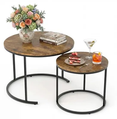 Produktbild von Couchtisch Set - 2 runde Satztische - 60/40 cm - Holzplatte Metallgestell - Industrieller Stil - Verstellbare rutschfeste Füße - Braun