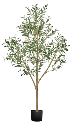 Productafbeelding van VEVOR Kunstolijfboom, 1,5 meter, met zwarte pot. Kunstboom met een natuurlijke houten stam en realistische groene bladeren en vruchten. Kunstplant voor binnen, geschikt voor huis, kantoor en woonkamer