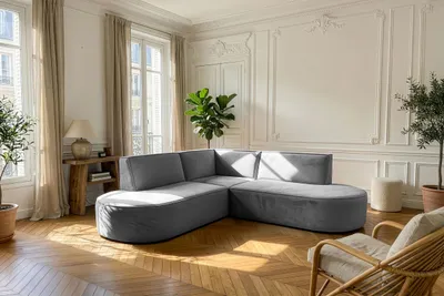 Produktbild von Ecksofa 3-Sitzer im Loft-Stil – Skandi-Design – Universelle L-Form Wohnlandschaft – Freistehend – inkl. 2 Dekokissen - 223 × 223 × 73 cm – Grauer Samt