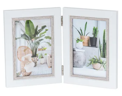 Produktbild von Fotoaufsteller 2 Fotos 10x15 Weiß Eiche gekälkt MDF Holz Bilderrahmen Fotogeschenk Deko Collage Galerie Wohndeko Tischdeko