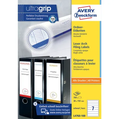 Zdjęcie produktu dla Avery L4760-100, Biały, Samoprzylepne etykiety do drukowania, A4, Papier, Laser/Atrament, Na stałe