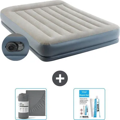 Obrázek produktu pro Nafukovací postel Intex - pro 2 osoby - 152 x 203 x 30 cm - šedá - se zabudovanou pumpou + prostěradlo antracit + opravná sada