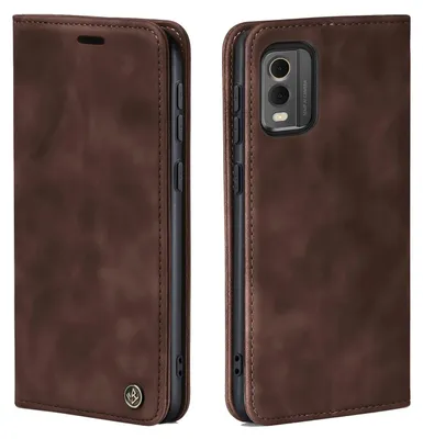 A brown leather flip case for a smartphone is shown from two angles.