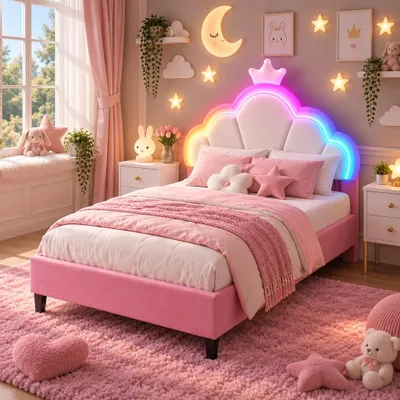 Image de Lit pour enfant INONEFT, lit rembourré 140x190 avec bandes LED, lit princesse avec couronne et repose-tête réglable, lit pour fille, lit simple, structure de lit en velours