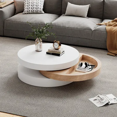 Produktbild von STILVORA 60×60×35.1cm Zylindrisch-Couchtisch 360° Drehbarer Wohnzimmertisch mit Ablage,Sofatisch Beistelltisch aus Weidenholz,belastbar bis 30 kg