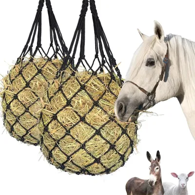 Immagine prodotto di 2 reti per fieno per cavalli - Slow-feeder portatile che riduce al minimo lo spreco di fieno