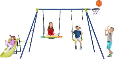 Produktbild von GOPLUS 4-in-1 Kinderschaukel Set, Metall-Schaukel-Set mit Rutsche Basketballkorb, Verstellbarer Nestschaukel & Gurt-Schaukel, Outdoor-Kinder-Schaukel-Set für Garten Spielplatz, 3-12 Jahre alt