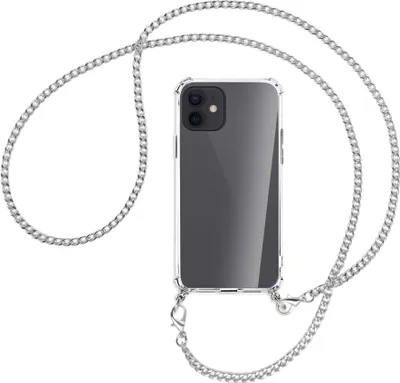 Produktbild von Handykette Backcover-Schutzhülle mit Band (Metall silberfarben) für Apple iPhone 12, 12 Pro - silberfarbene Kette