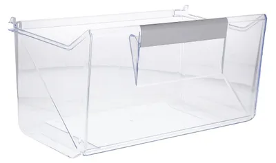A clear plastic refrigerator drawer with a gray handle is shown against a white background.