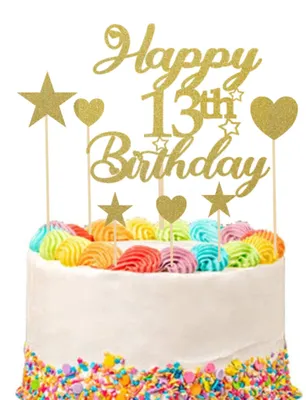 Tortenaufsatz-Set zum 13. Geburtstag, 9 Stück, Gold, Glitzer