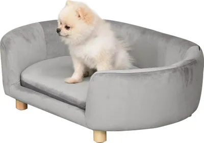 A small dog sits on a gray pet sofa.