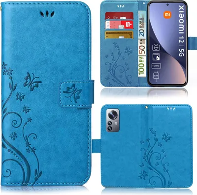 A collage of images showing a blue flip phone case with a floral and butterfly design, including a view of the inside with card slots and a simulated phone screen.