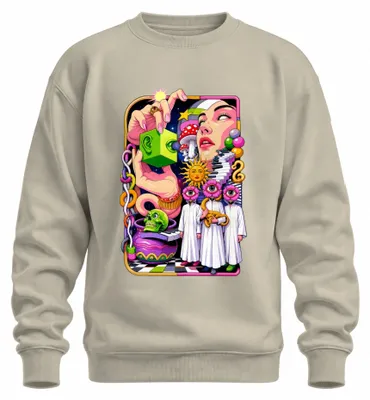 Zdjęcie produktu dla Bluza z kapturem, motywy: psychodeliczne, "trippy", grzyby, czaszka, Japonia, styl Y2K, surrealizm, naturalne barwy, rozmiar XL