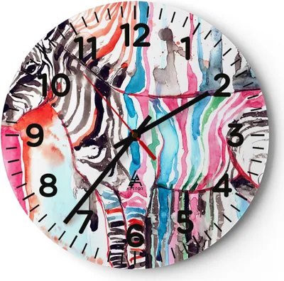 Produktbild von Wanduhr - Rund - Glasuhr - Zebra Tiere Natur bunte - 30x30cm - Schleichendes Uhrwerk - Lautlos - zum Aufhängen bereit - Dekoration Modern - Wanddekoration aus Glas - C4AR30x30-3075