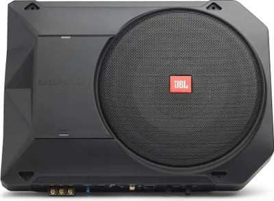 A black JBL Bass Pro SL2 under-seat subwoofer is shown from a front-facing angle against a white background.
