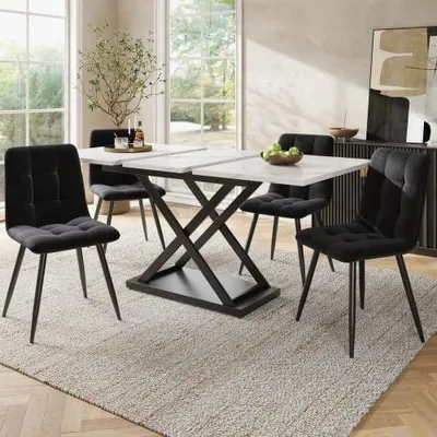 Produktbild von Essgruppe, Ausziehbares Esstischset für 4 Personen,160×80×75cm Esstisch mit 4 Esszimmerstühlen,Esstischstühle aus schwarzem Samt ? (Weißer)