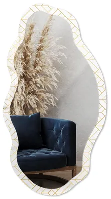 Produktbild von Dekorativer Wandspiegel mit Print, organische asymmetrische Form, 90x45 cm, moderner Designspiegel für Wohnzimmer, Flur und Schlafzimmer - Stilvolle Geometrie, KI-generiertes Bild