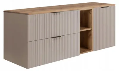 Zdjęcie produktu dla Rodan Szafka pod Umywalkę 120cm - Ryflowana Beżowa - Blat i Regał Dąb - FLOW