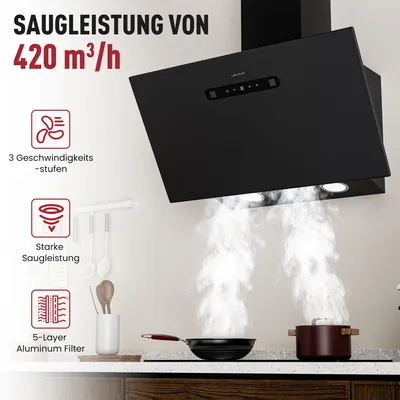 Image de Hotte aspirante sans cadre LEVIVO A+++ 60 cm en mode recyclage & évacuation, débit d’air 420 m³/h, 3 niveaux & booster, 2 LED, hotte avec 2 filtres à charbon actif