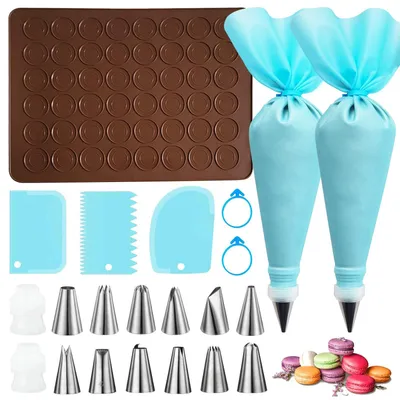 Produktbild von Macaron-Backmatten-Set, Silikon-Backmatte mit 48 Mulden für Macarons, inklusive 2 Spritzbeuteln und 12 Tüllen, rechteckige Silikon-Backmatte für Macarons