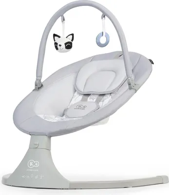 A baby bouncer with toys hanging from an arch.