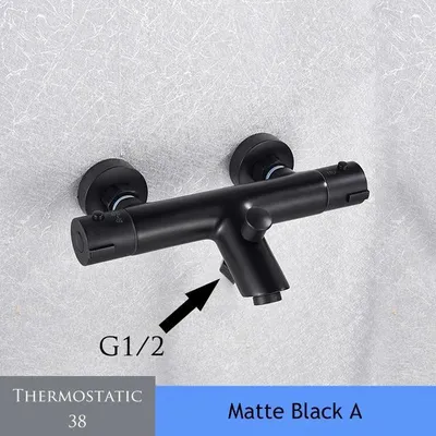 Immagine prodotto di Rubinetto per doccia con termostato - Miscelatore a due manopole per vasca e doccia, montaggio a parete - Acqua calda e fredda - Ottone - Nero opaco