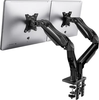 Image de Support pour écran double - Bras double pour moniteur - Travail ergonomique - Ressort à gaz réglable - Compatible avec les écrans de 13 à 27 pouces - Noir